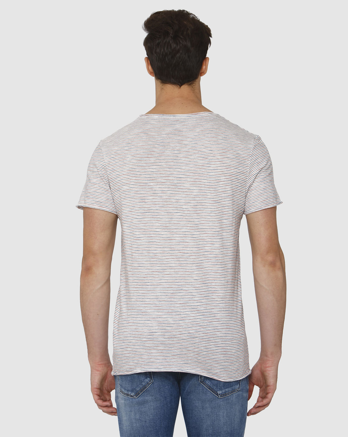 Blue Striped Raw Edge Crew Neck T-Shirt
