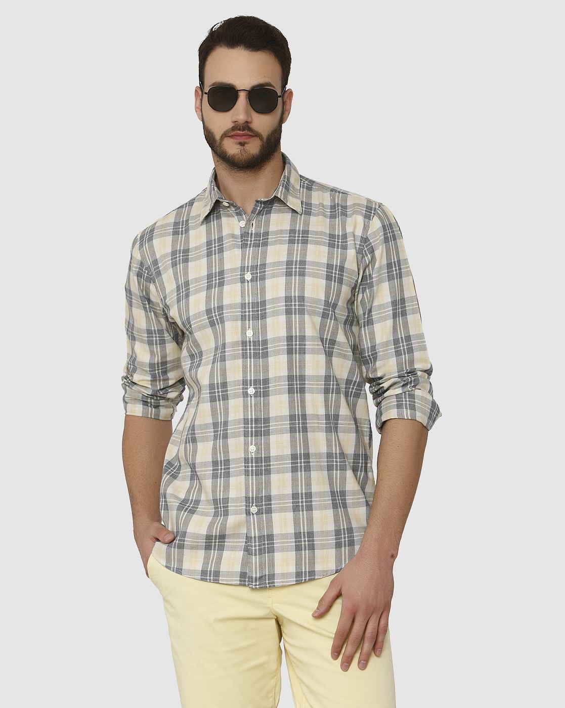 Yellow Check Slim Fit Full Sleeves Shirt