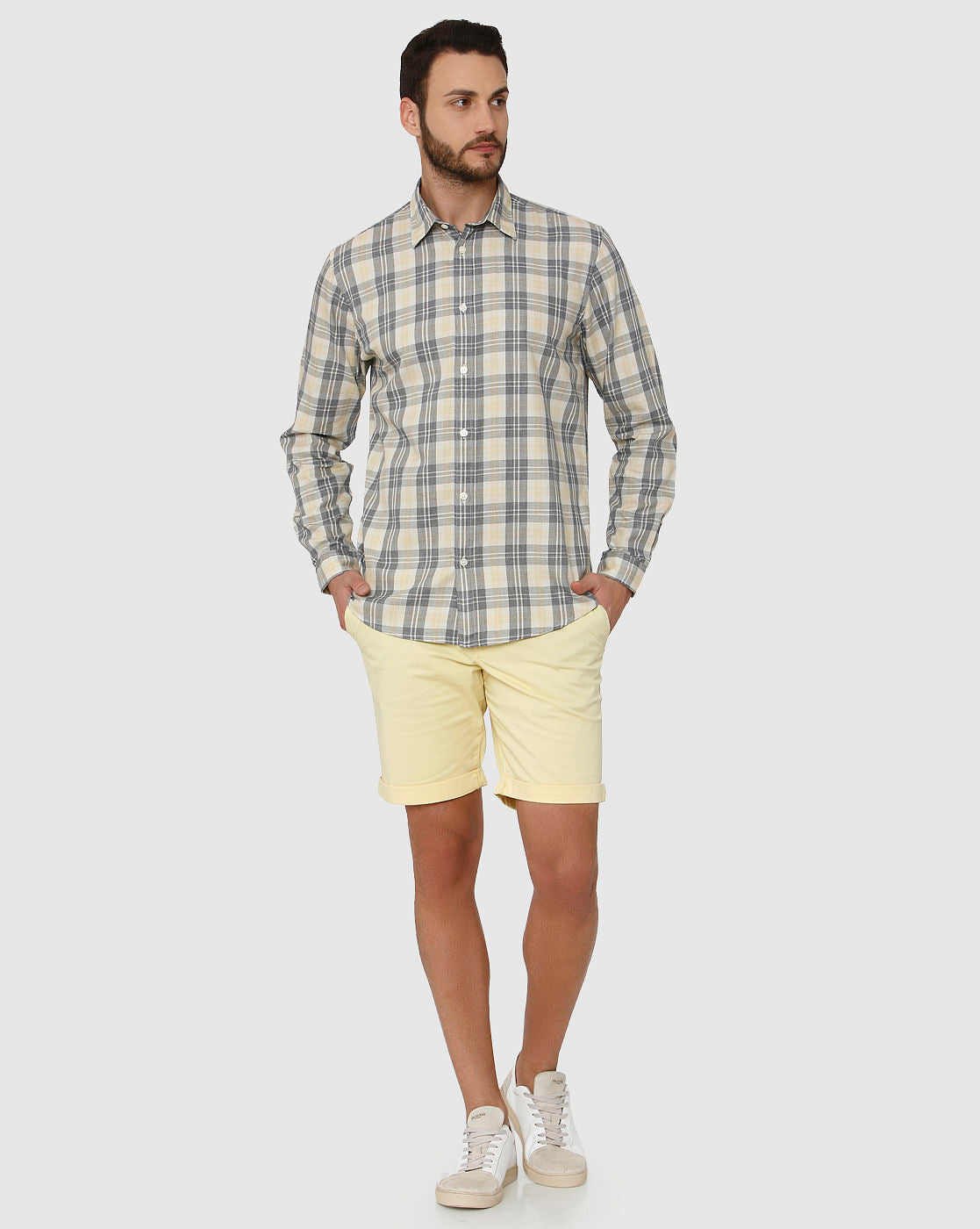 Yellow Check Slim Fit Full Sleeves Shirt
