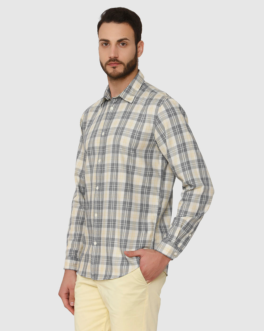 Yellow Check Slim Fit Full Sleeves Shirt