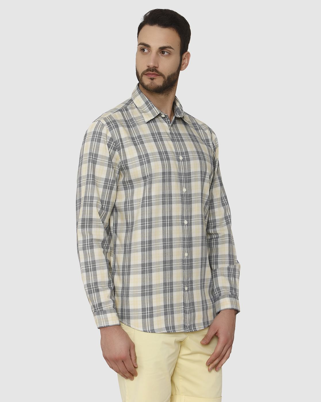 Yellow Check Slim Fit Full Sleeves Shirt