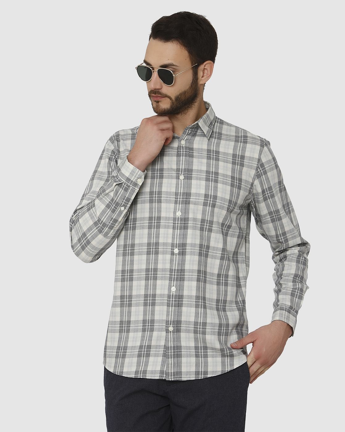 Grey Check Slim Fit Full Sleeves Shirt
