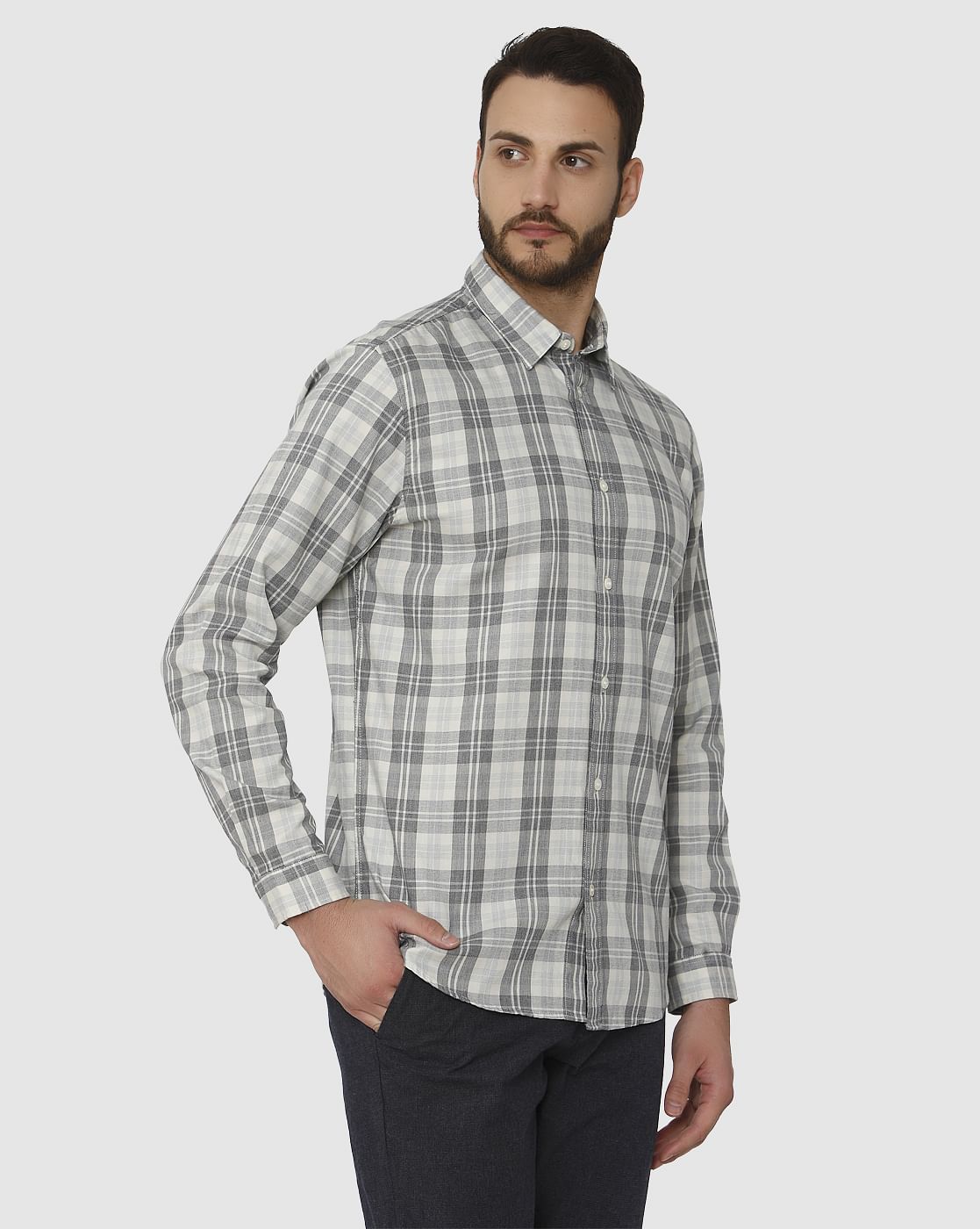 Grey Check Slim Fit Full Sleeves Shirt
