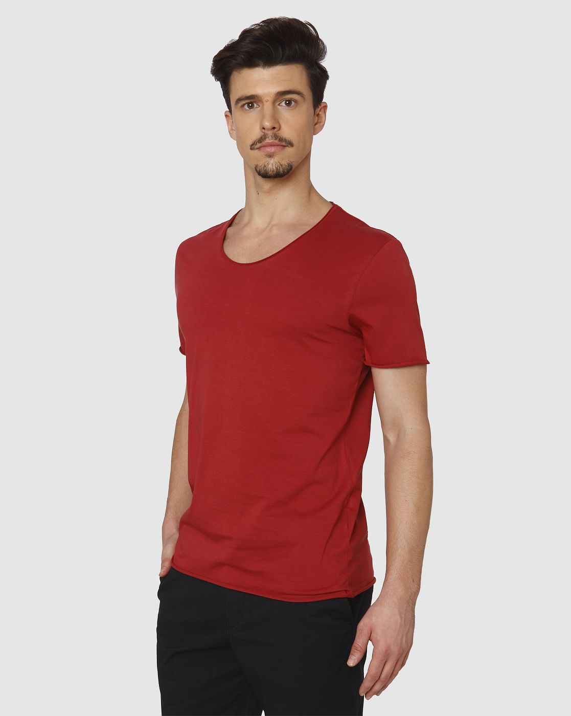 Red Raw Edge Crew Neck T-Shirt