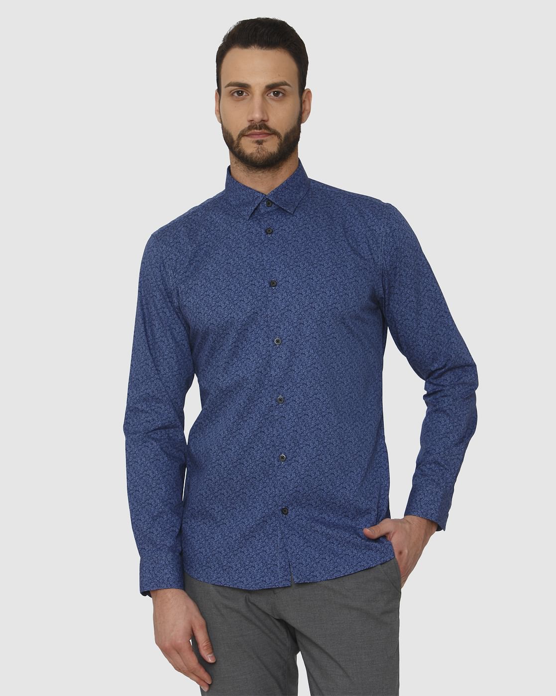Blue Printed Slim Fit Full Sleeves Shirt