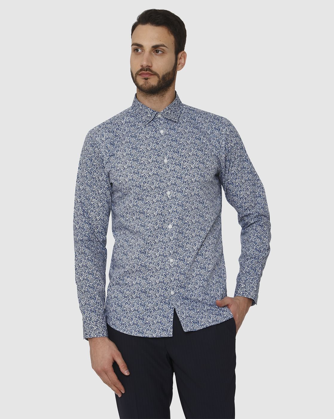 Blue All Over Print Slim Fit Full Sleeves Shirt