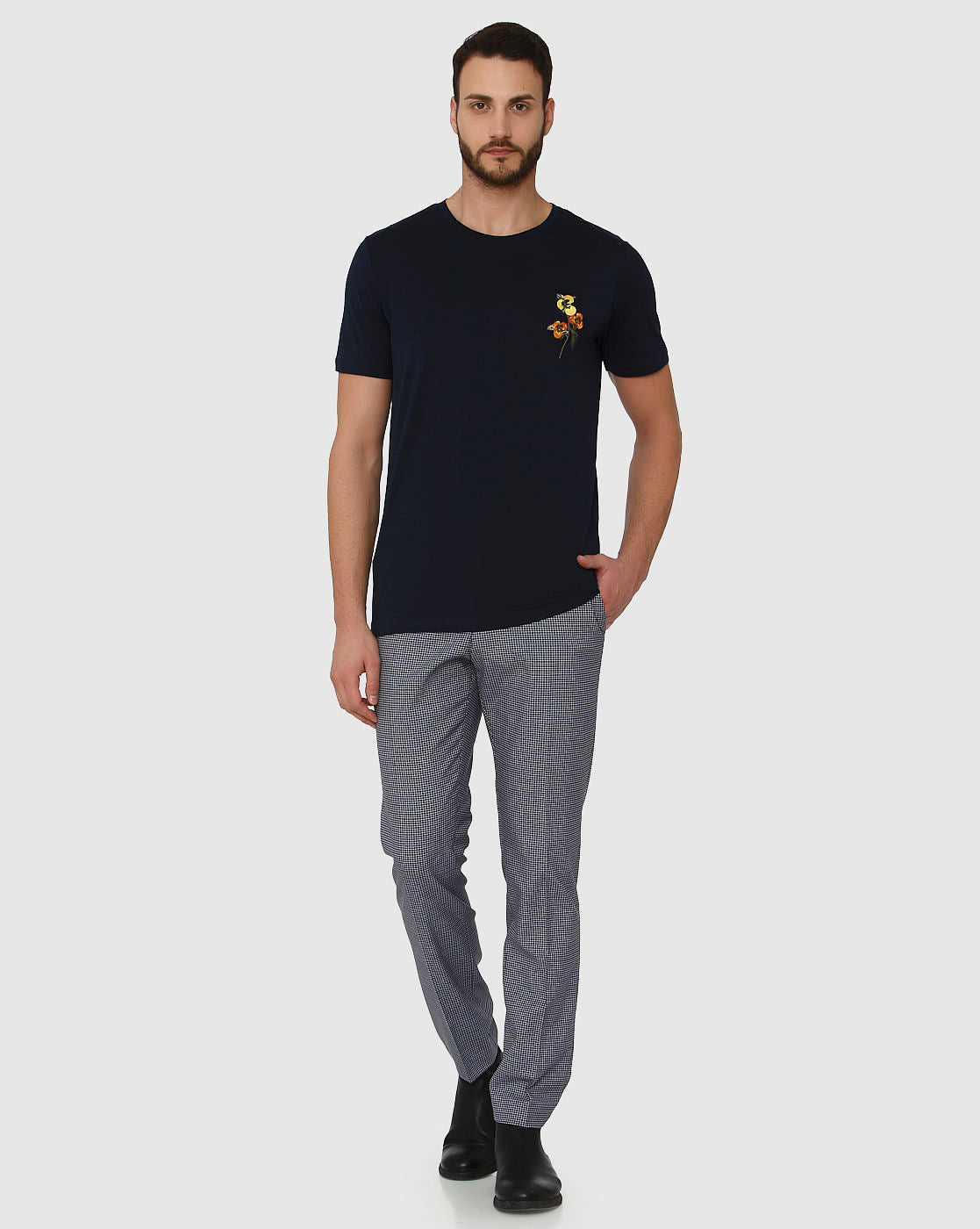 Dark Blue Floral Print Crew Neck T-Shirt