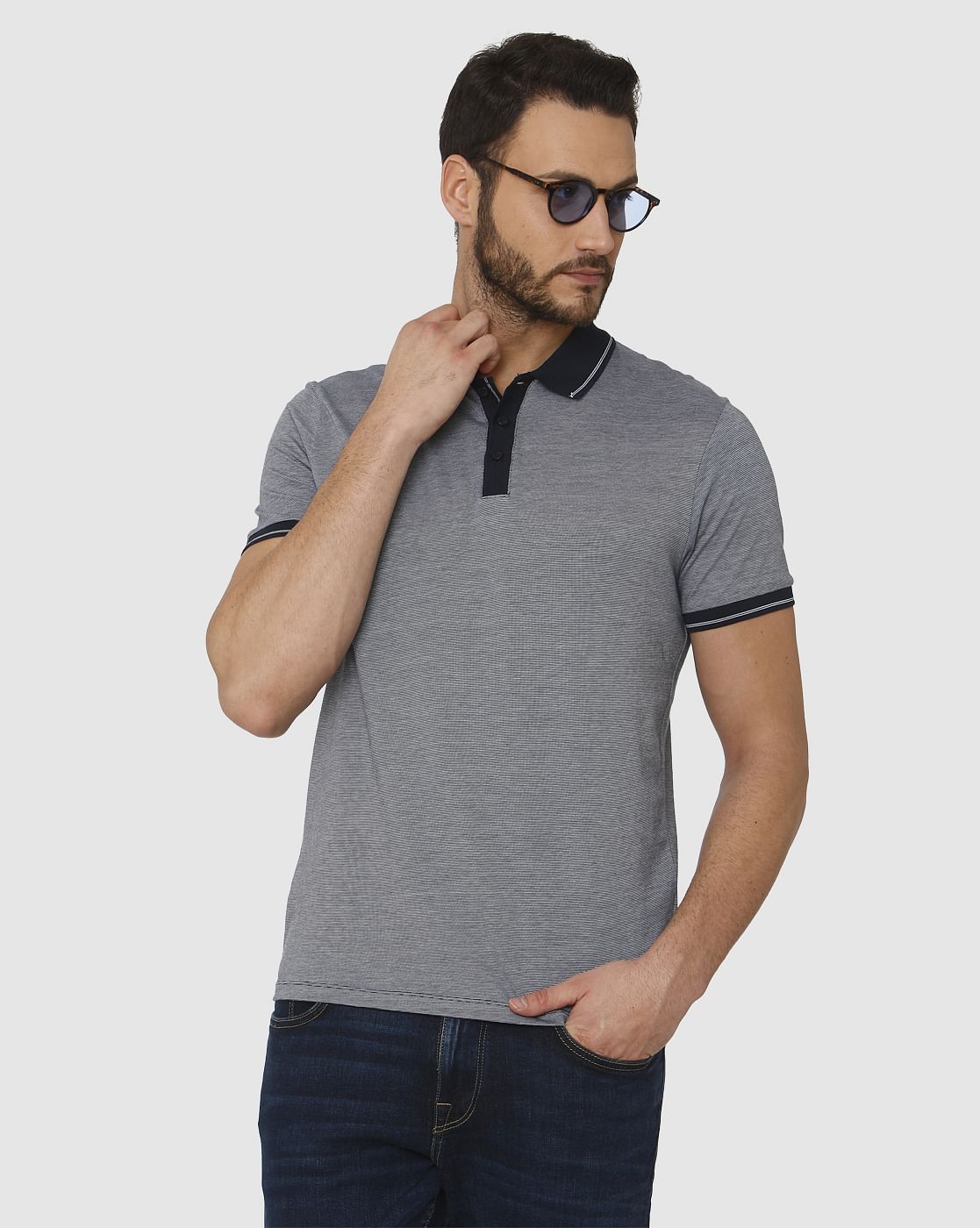 Blue Contrast Tipping Polo Neck T-Shirt