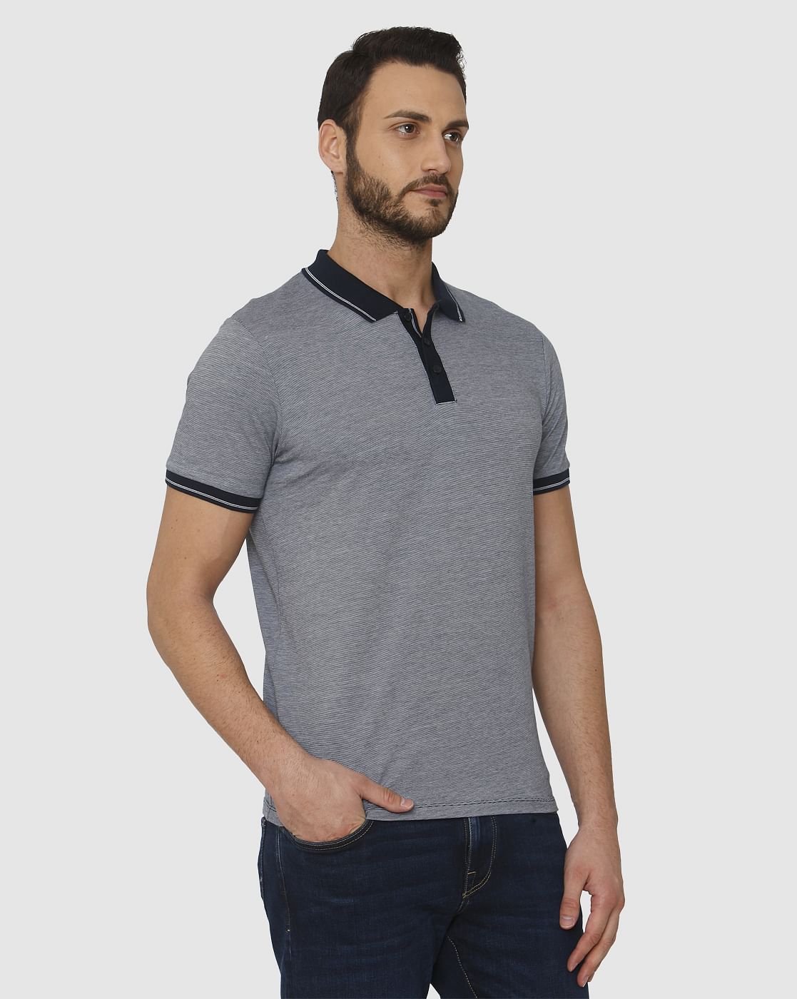 Blue Contrast Tipping Polo Neck T-Shirt