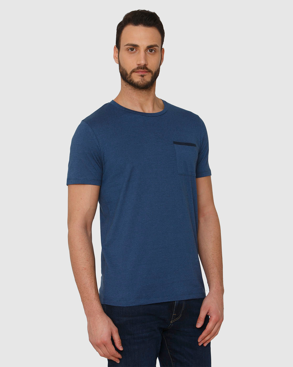 Blue Front Chest Pocket Crew Neck T-Shirt