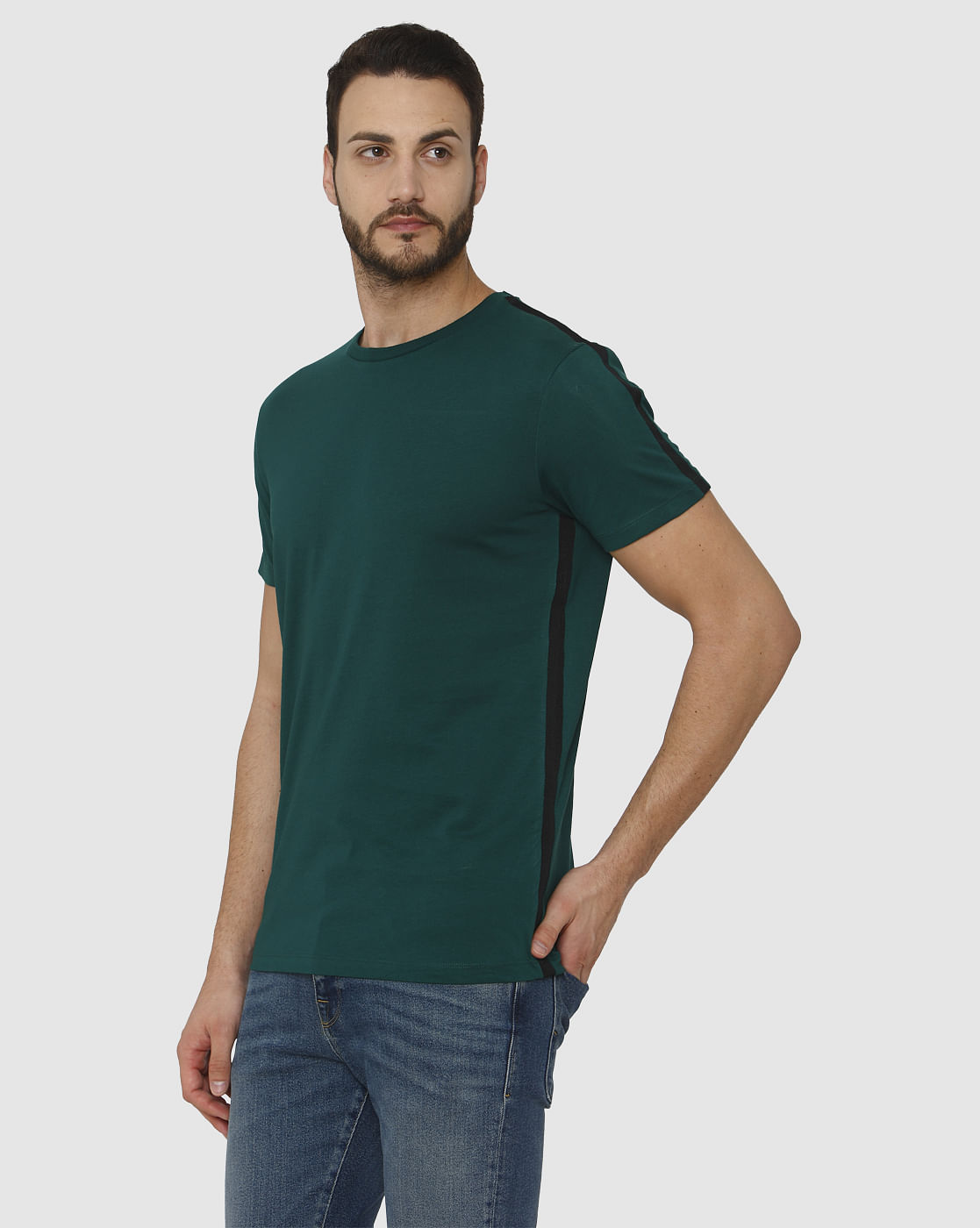Green Side Tape Detail Crew Neck T-Shirt