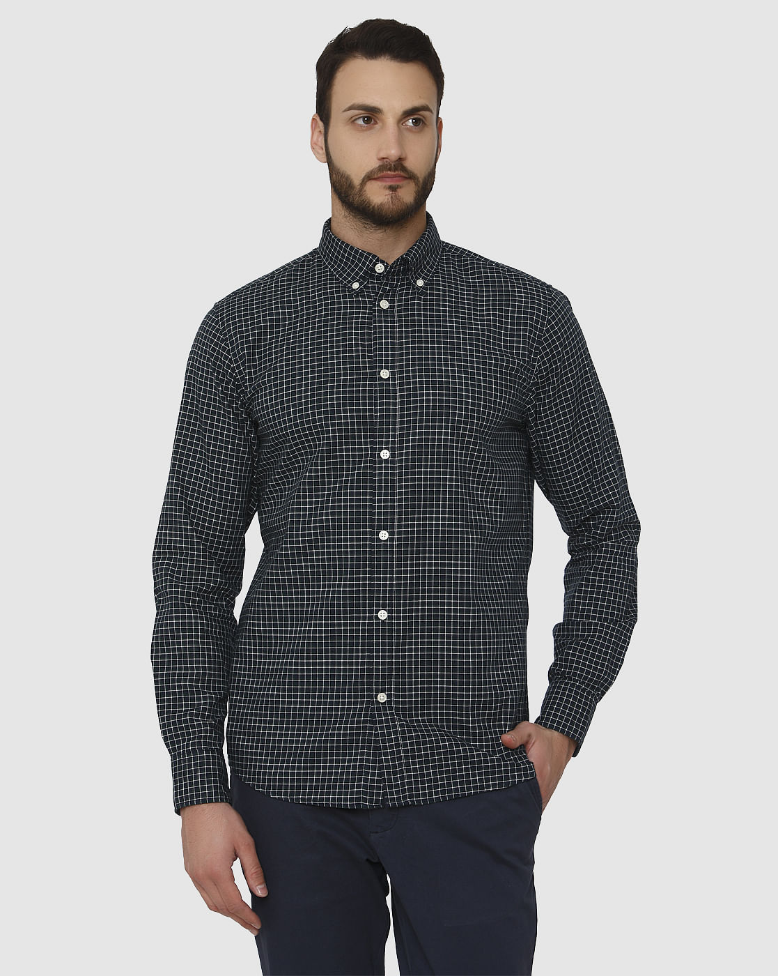 Dark Blue Checks Slim Fit Full Sleeves Shirt