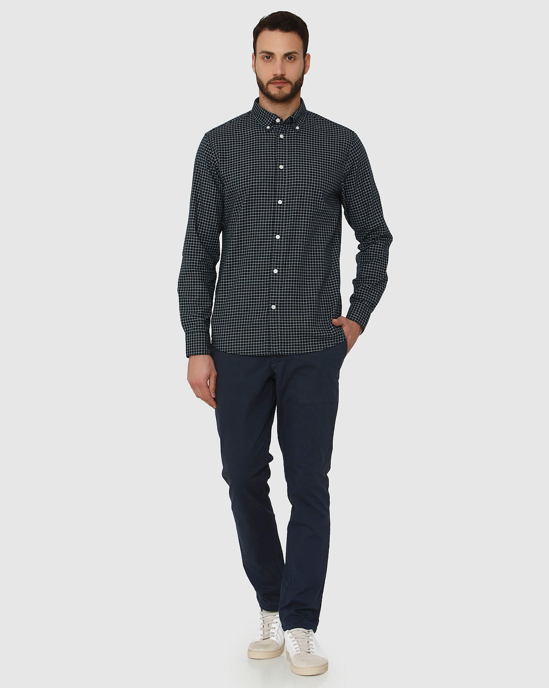 Dark Blue Checks Slim Fit Full Sleeves Shirt