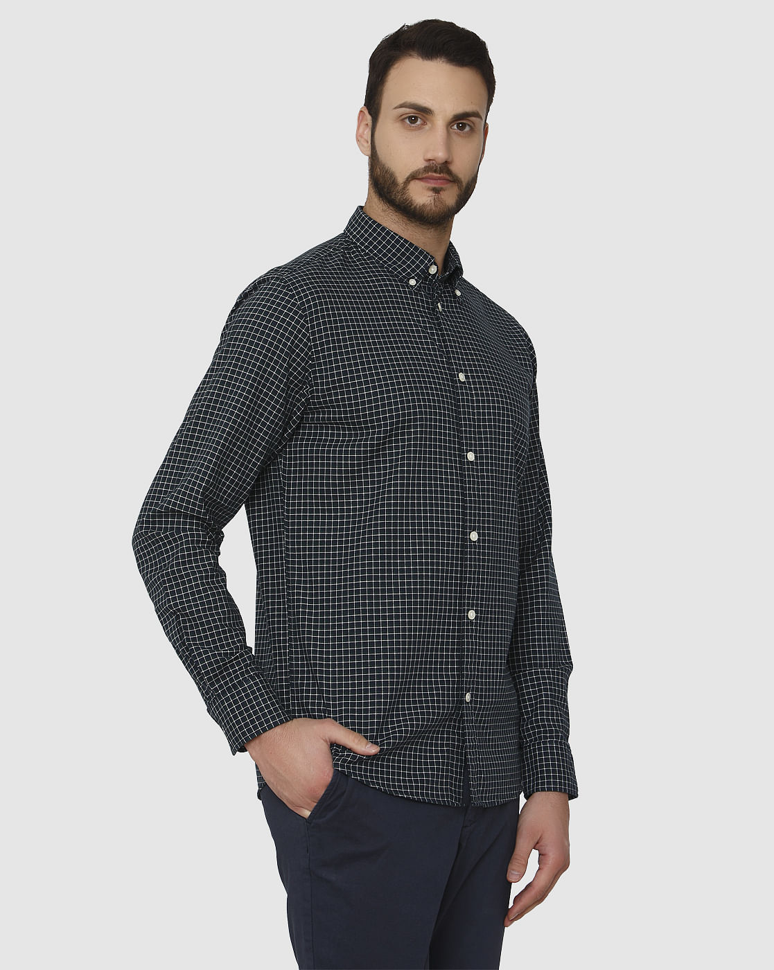 Dark Blue Checks Slim Fit Full Sleeves Shirt