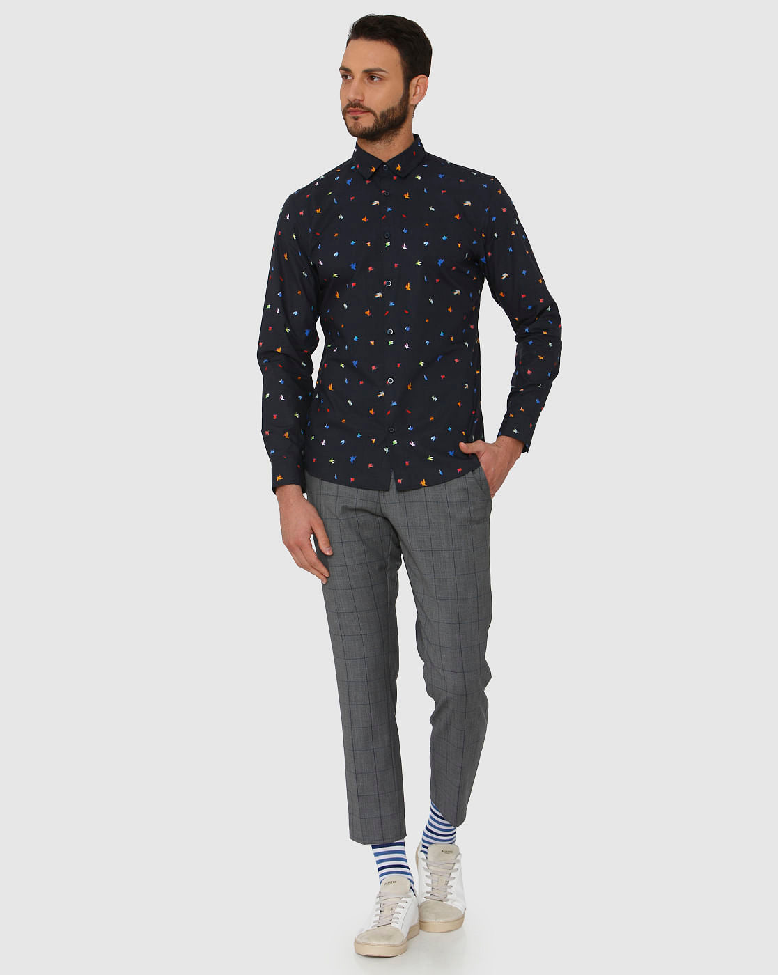 Dark Blue All Over Print Slim Fit Full Sleeves Shirt