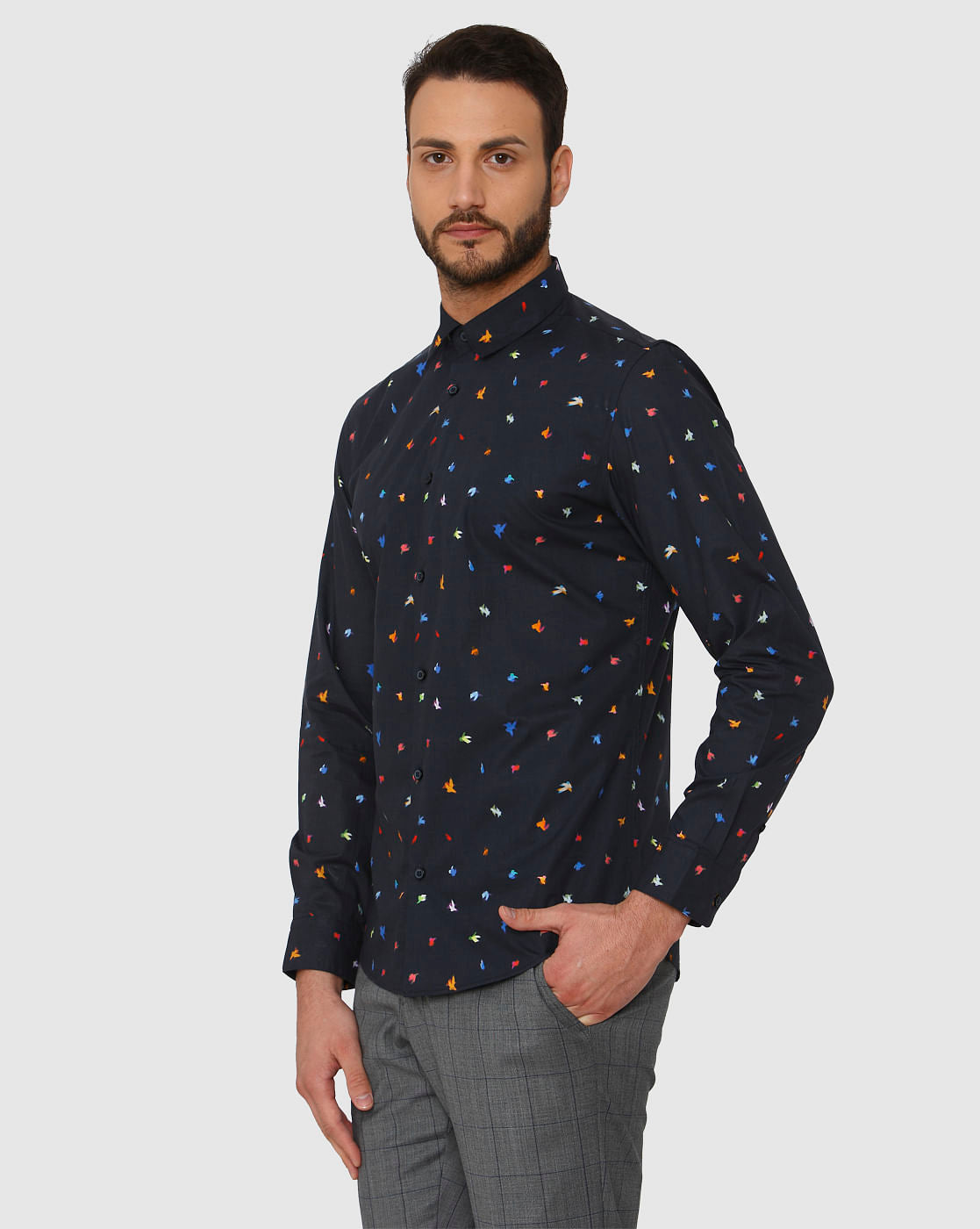 Dark Blue All Over Print Slim Fit Full Sleeves Shirt