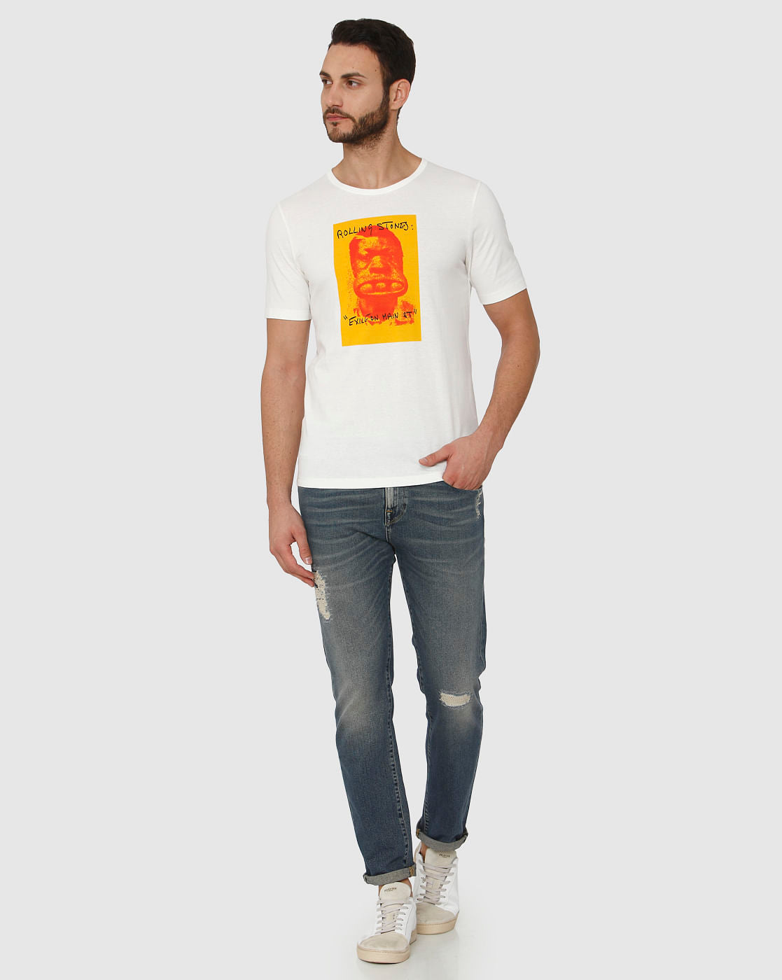 White Graphic Chest Print Crew Neck T-Shirt