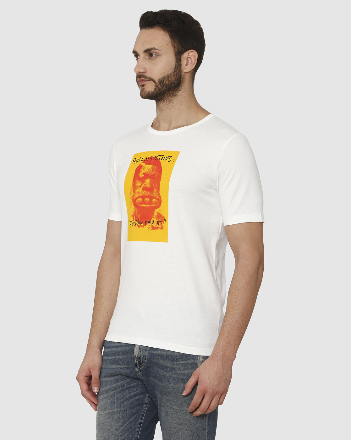 White Graphic Chest Print Crew Neck T-Shirt
