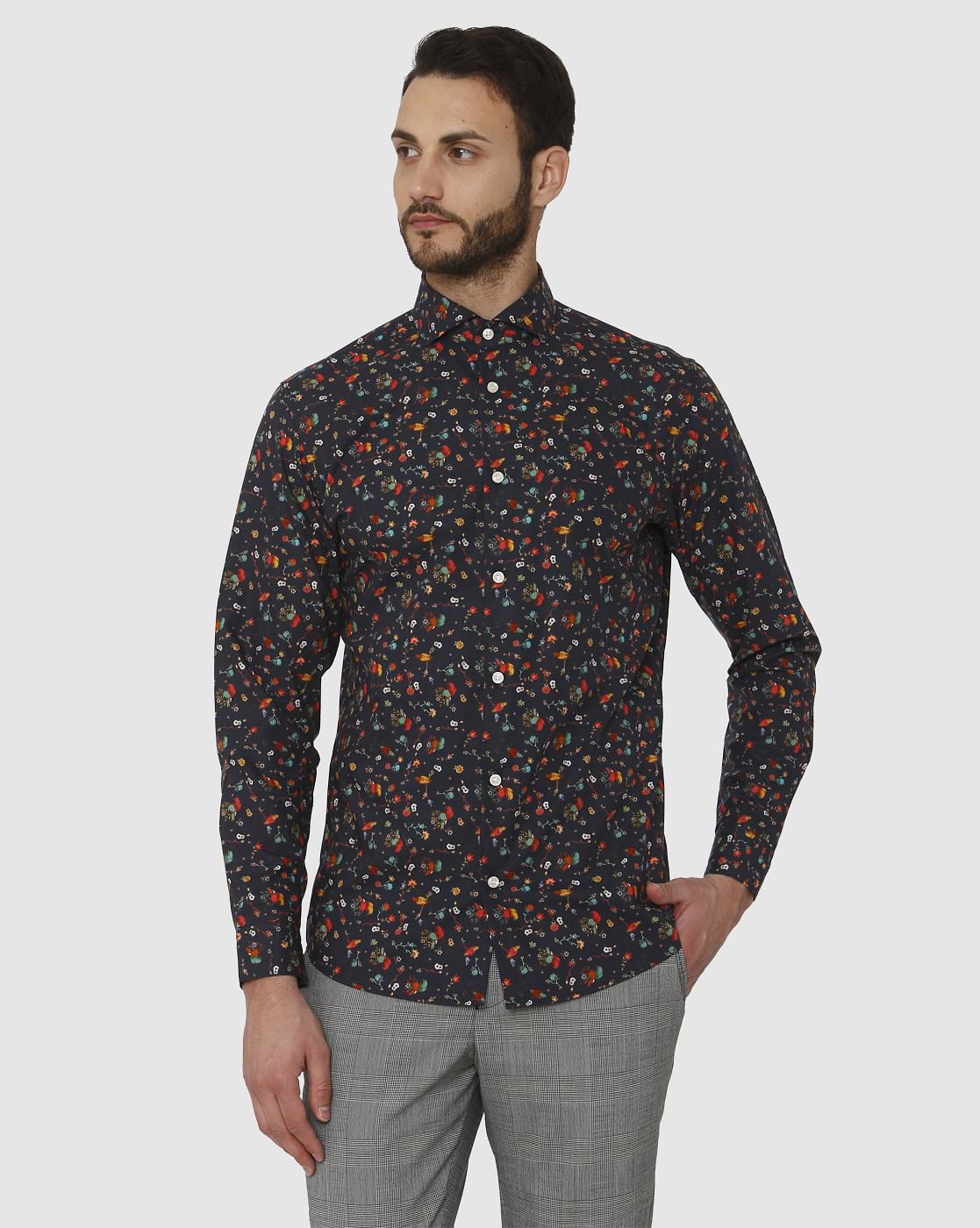 Dark Blue All Over Print Slim Fit Full Sleeves Shirt