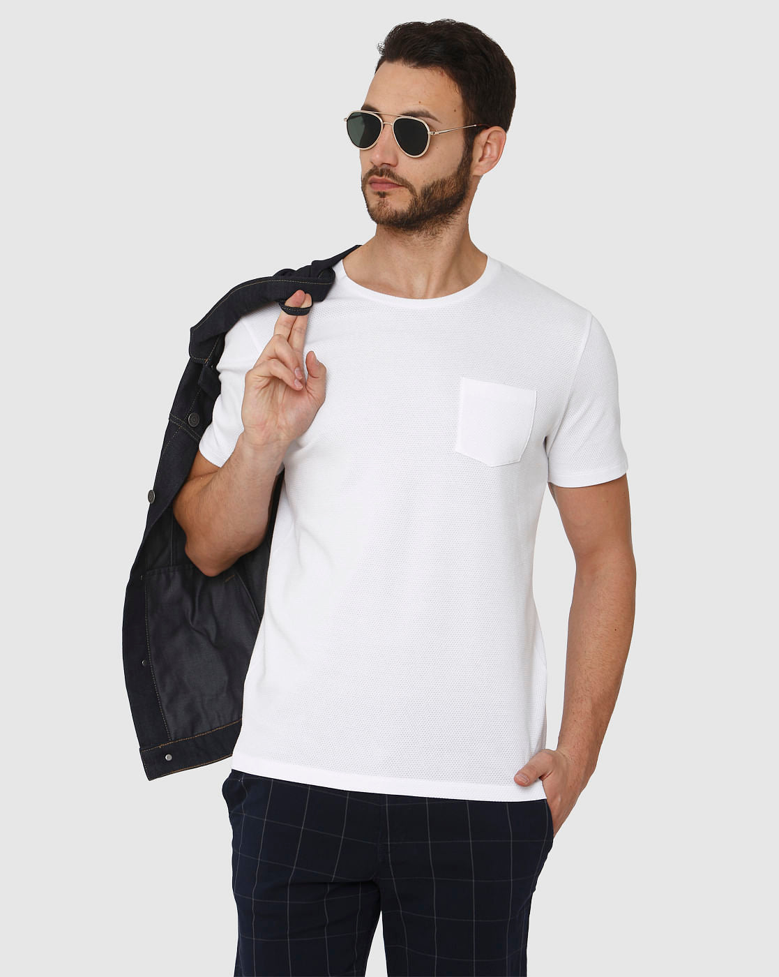 White Front Chest Pocket Crew Neck T-Shirt