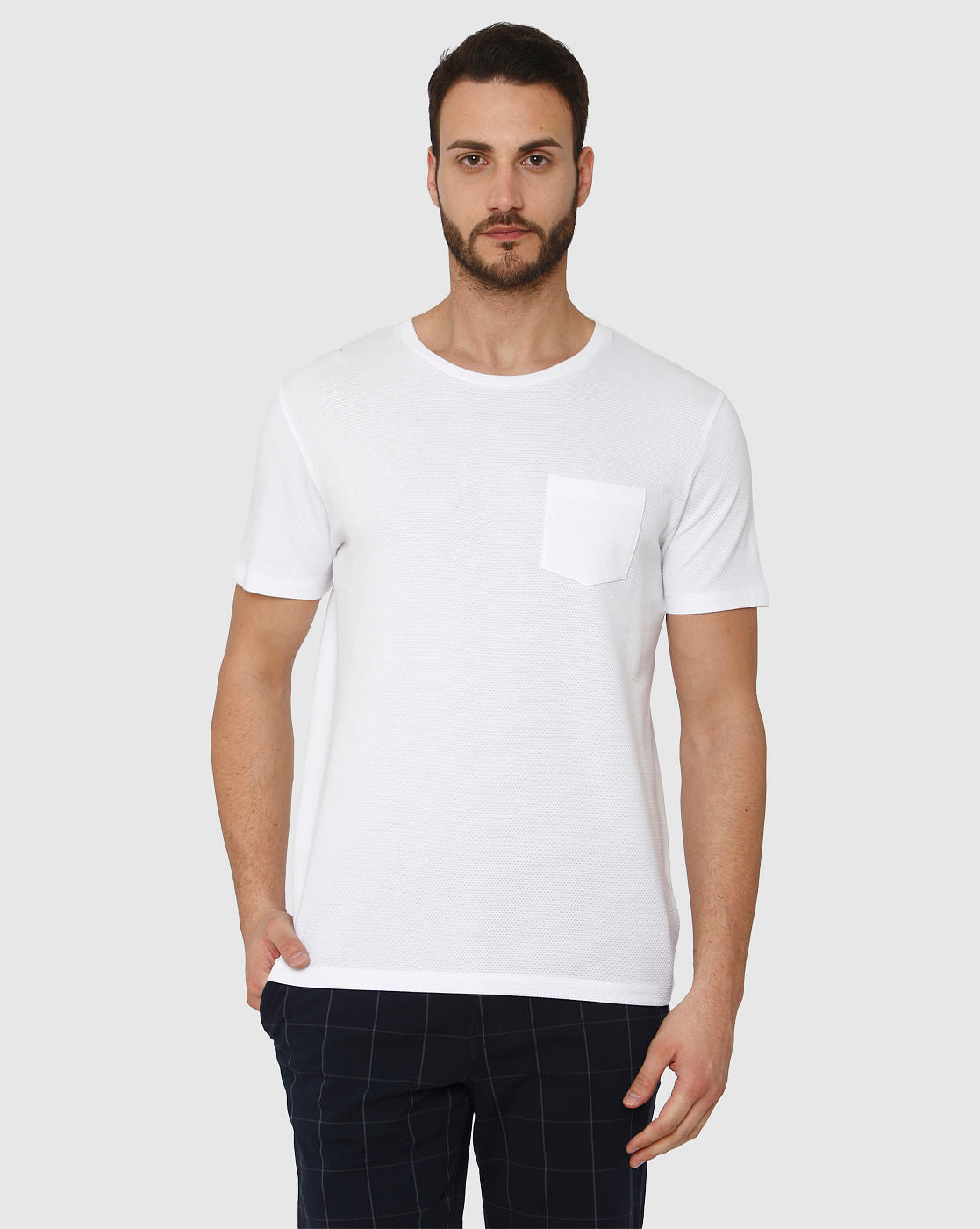 White Front Chest Pocket Crew Neck T-Shirt