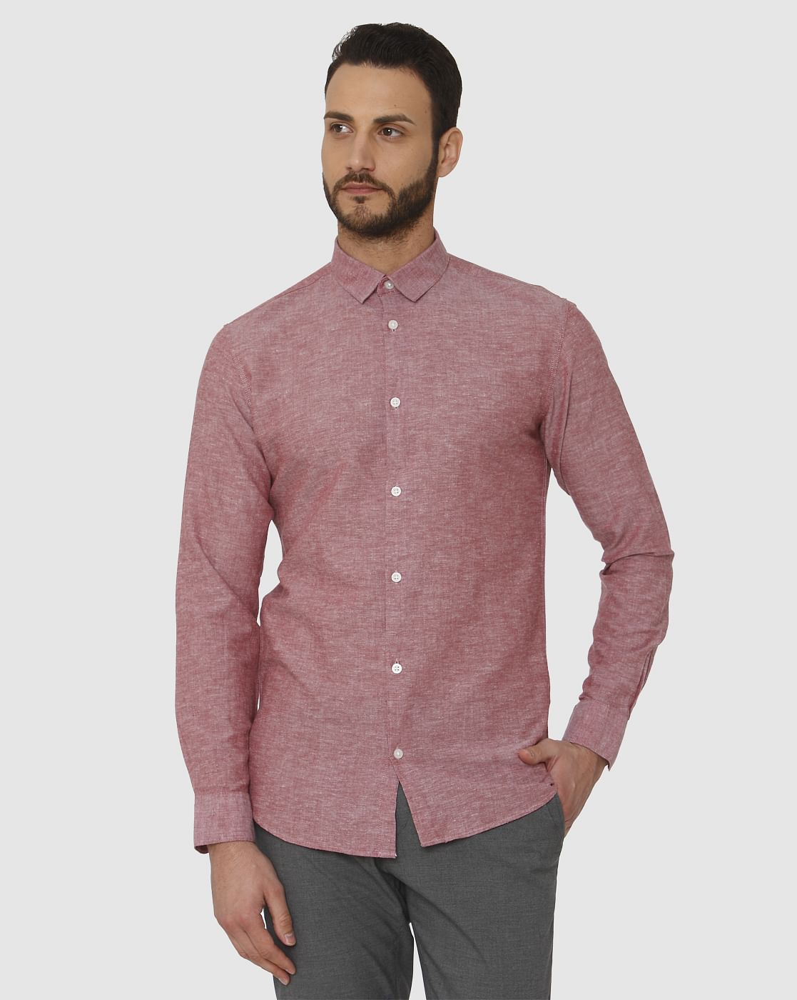 Red Faded Linen Slim Fit Full Sleeves Shirt