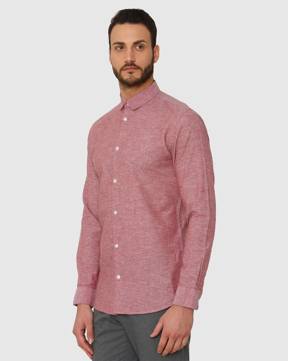 Red Faded Linen Slim Fit Full Sleeves Shirt