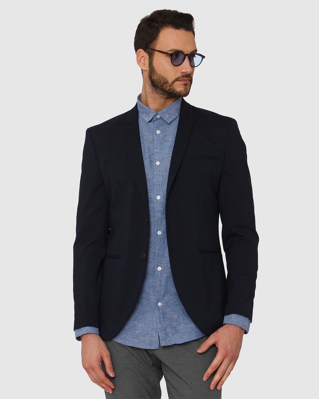 Blue Faded Linen Slim Fit Full Sleeves Shirt