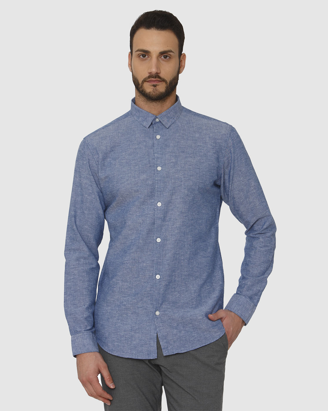 Blue Faded Linen Slim Fit Full Sleeves Shirt