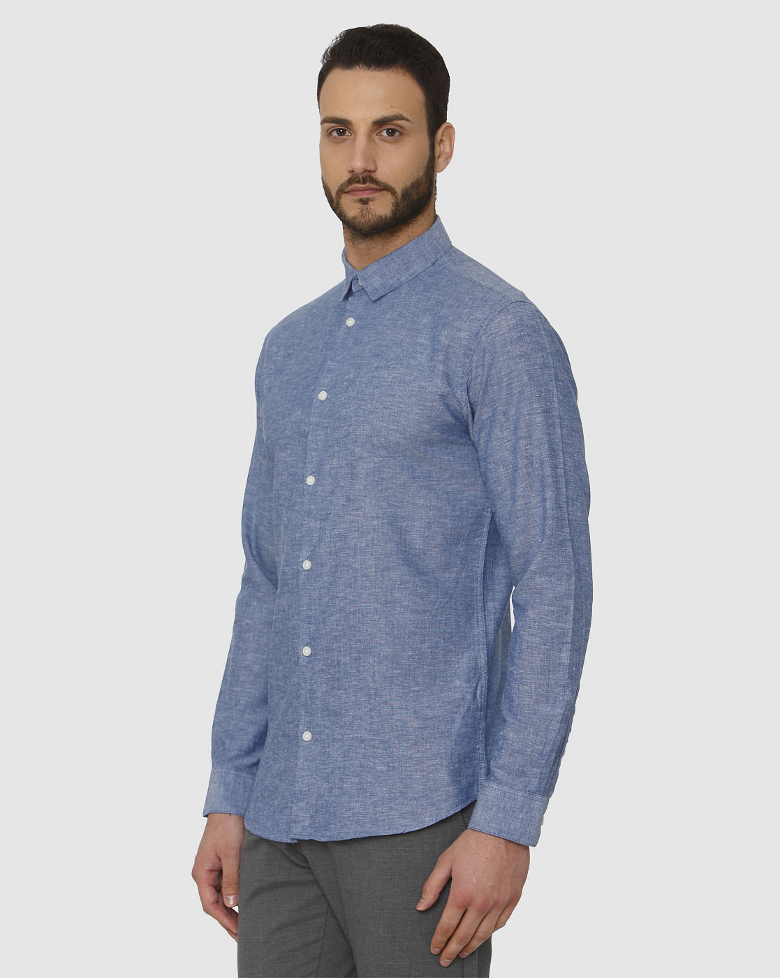 Blue Faded Linen Slim Fit Full Sleeves Shirt