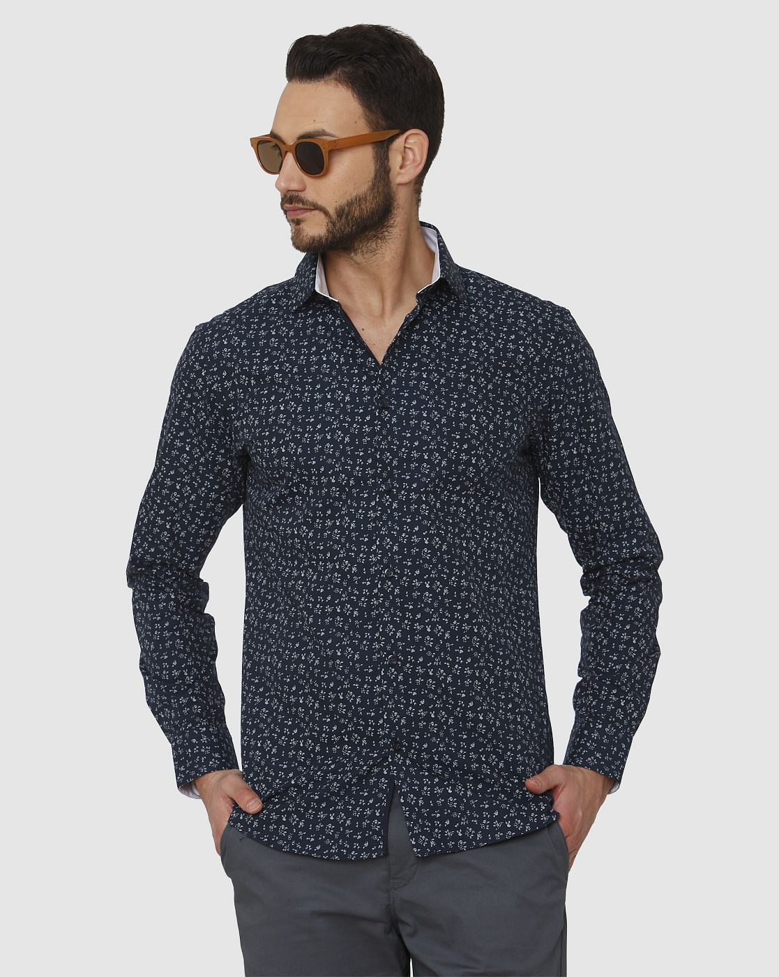 Dark Blue All Over Print Slim Fit Full Sleeves Shirt