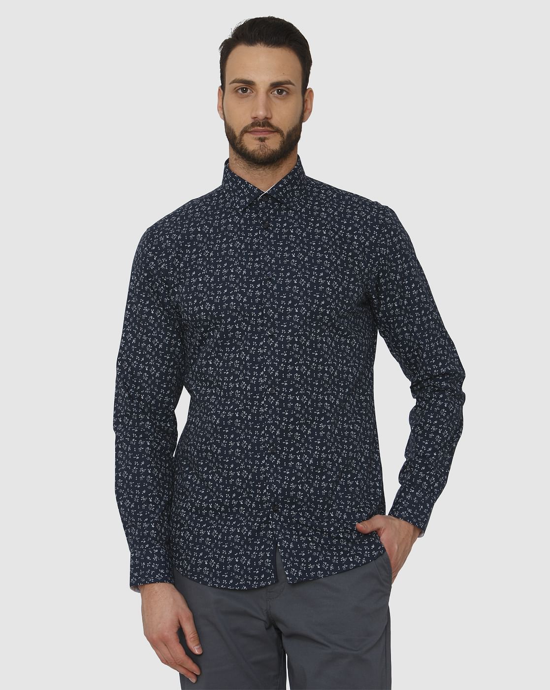 Dark Blue All Over Print Slim Fit Full Sleeves Shirt
