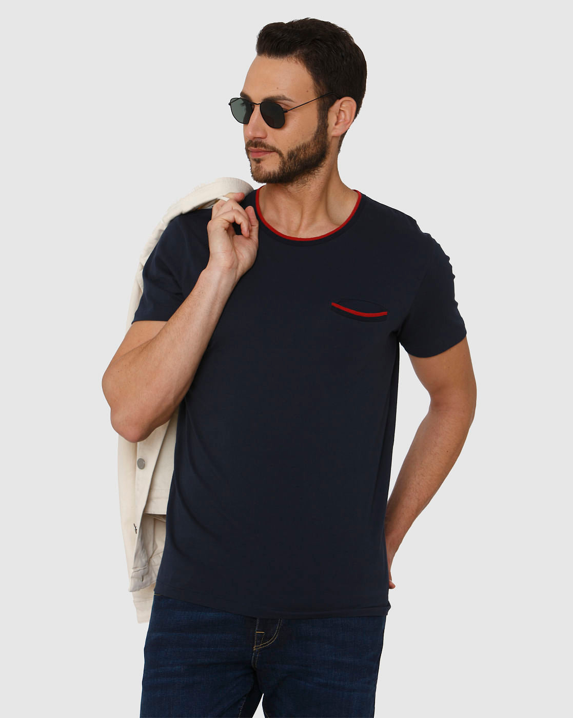 Blue Contrast Tipping Crew Neck T-Shirt