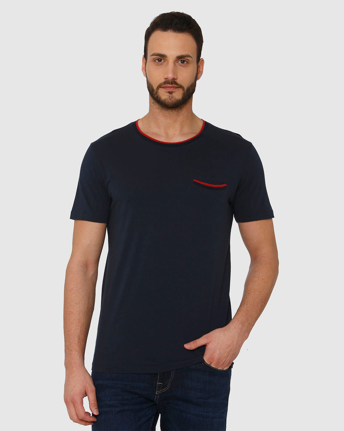Blue Contrast Tipping Crew Neck T-Shirt