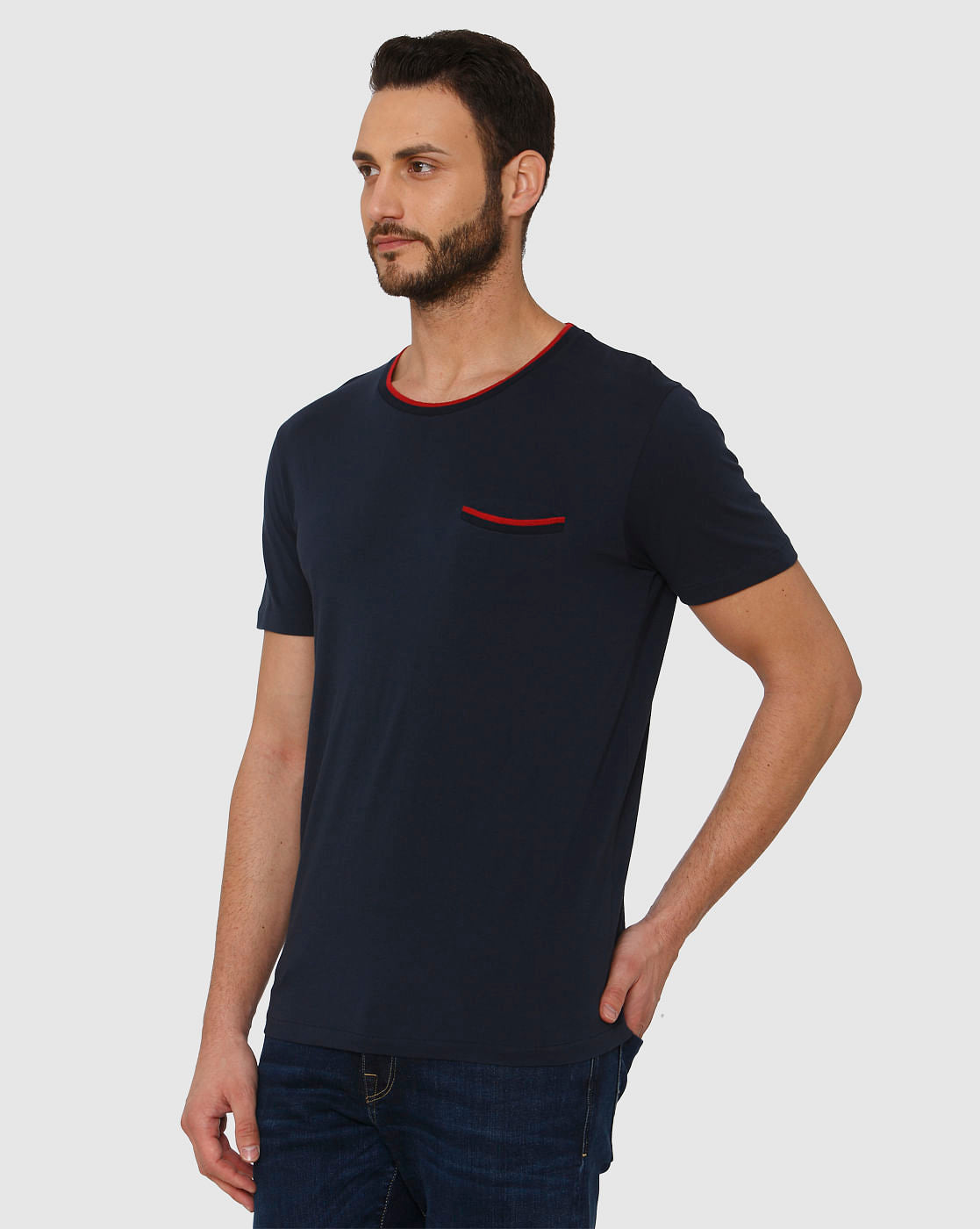 Blue Contrast Tipping Crew Neck T-Shirt