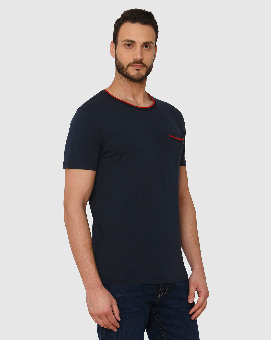 Blue Contrast Tipping Crew Neck T-Shirt