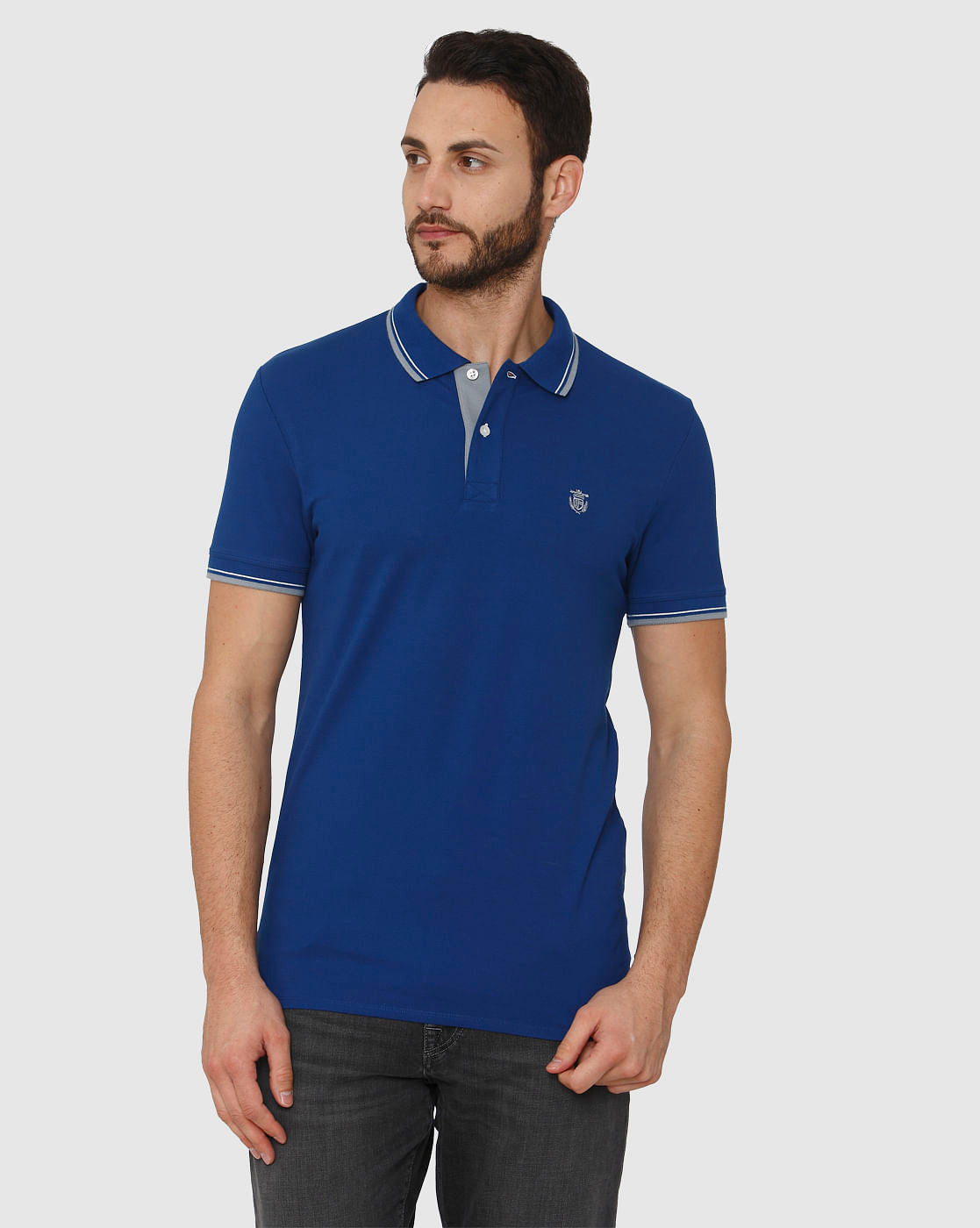 Blue Contrast Tipping Polo Neck T-Shirt