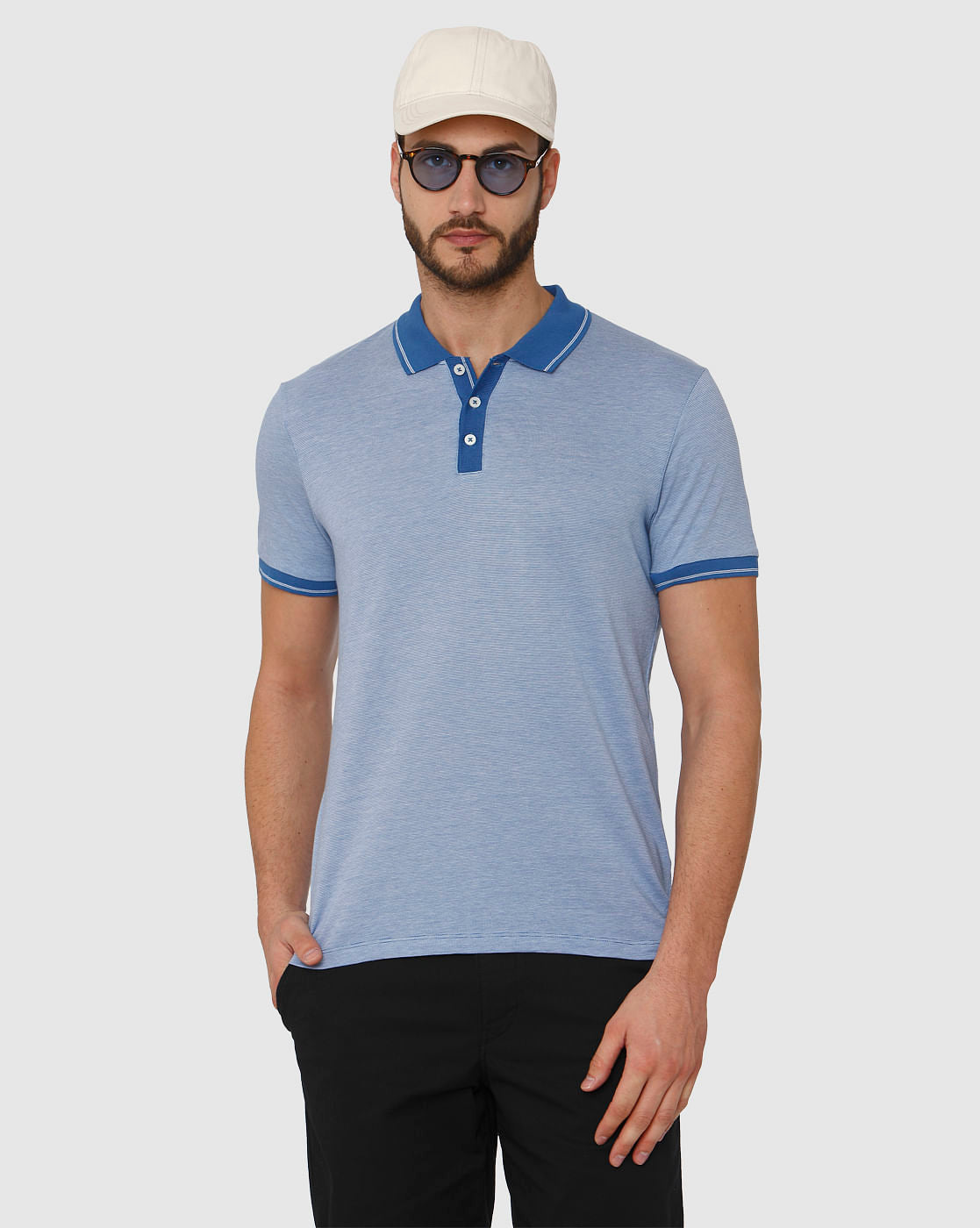 Blue Contrast Tipping Polo Neck T-Shirt