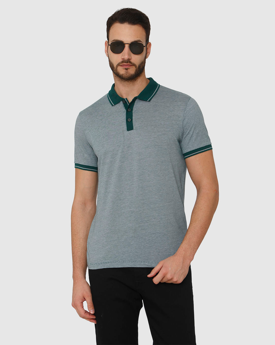 Green Contrast Tipping Polo Neck T-Shirt