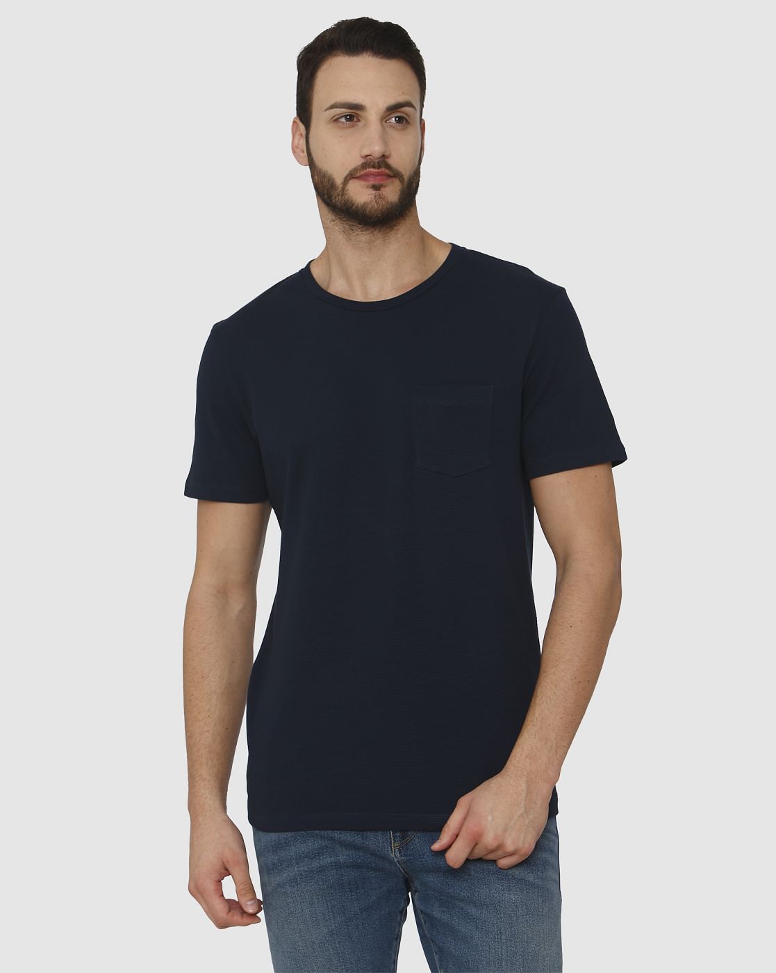 Blue Front Chest Pocket Crew Neck T-Shirt