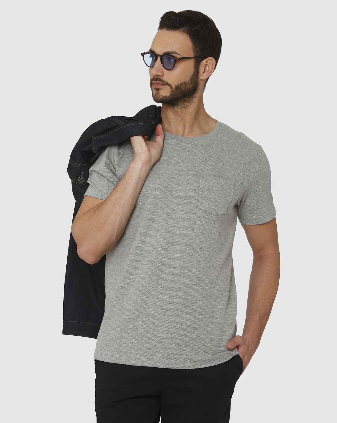 Grey Front Chest Pocket Crew Neck T-Shirt