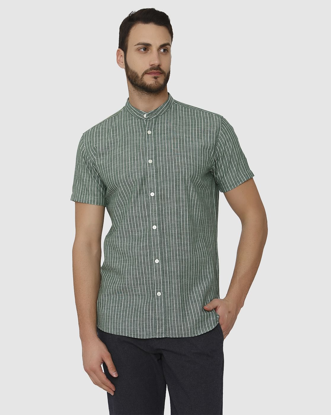 Green Striped Slim Fit Short Sleeves Shirt