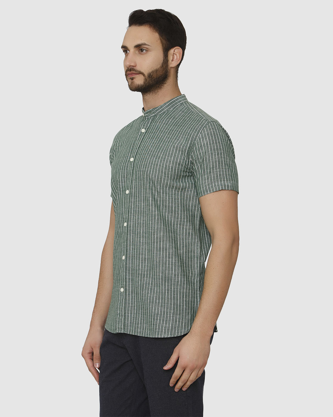 Green Striped Slim Fit Short Sleeves Shirt