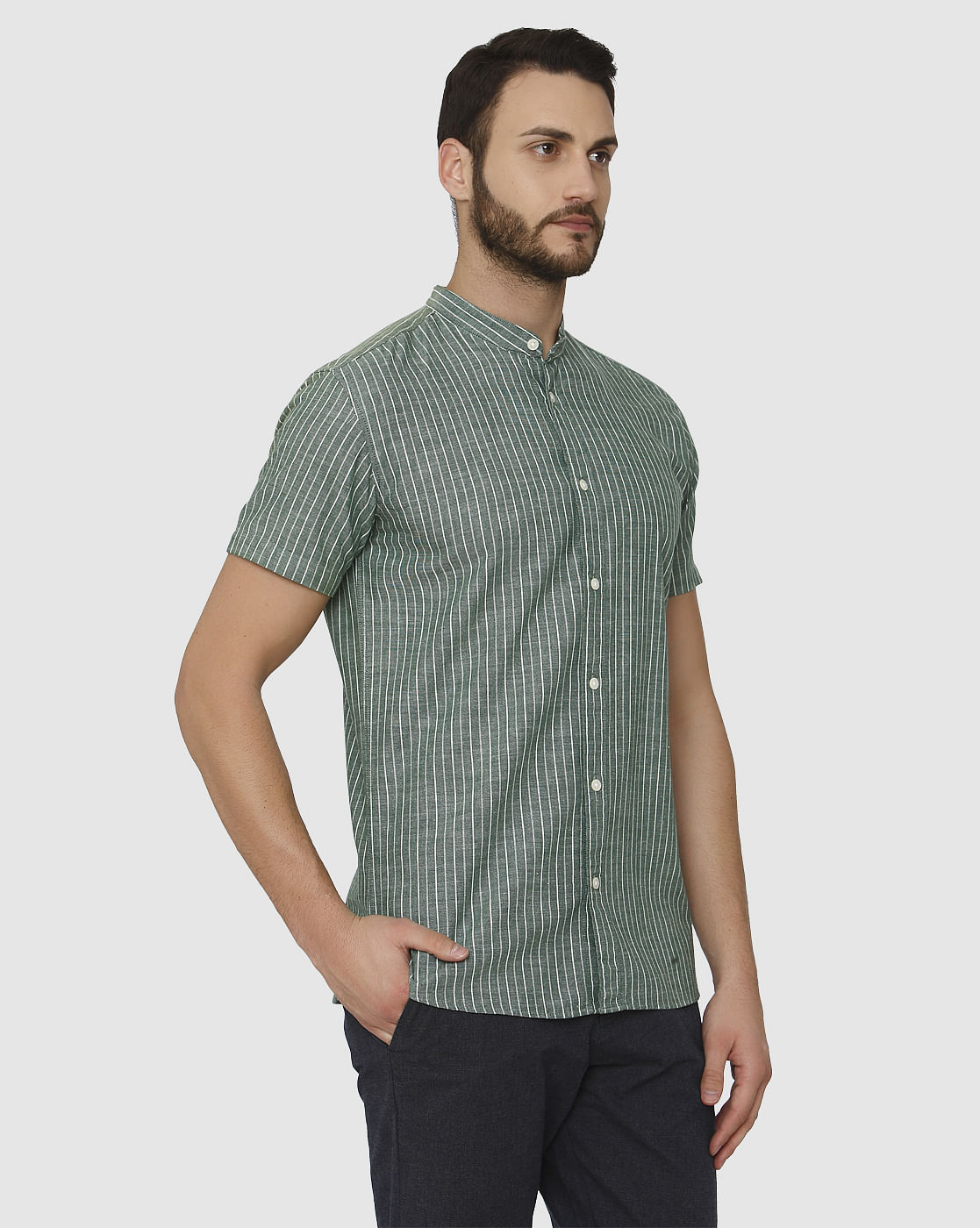 Green Striped Slim Fit Short Sleeves Shirt
