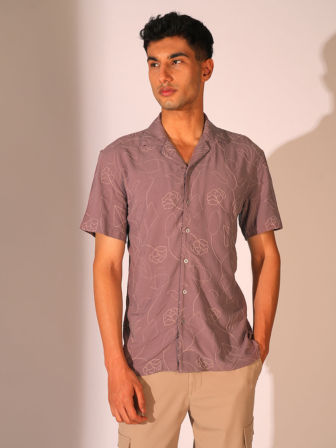 Purple Cuban Collar Viscose Shirt