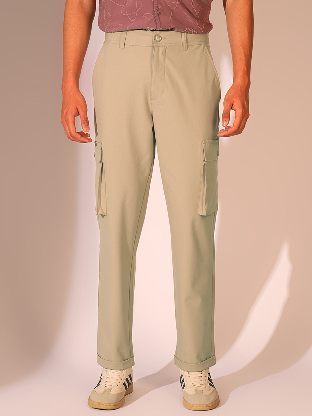Beige Mid Rise Cargo Pants
