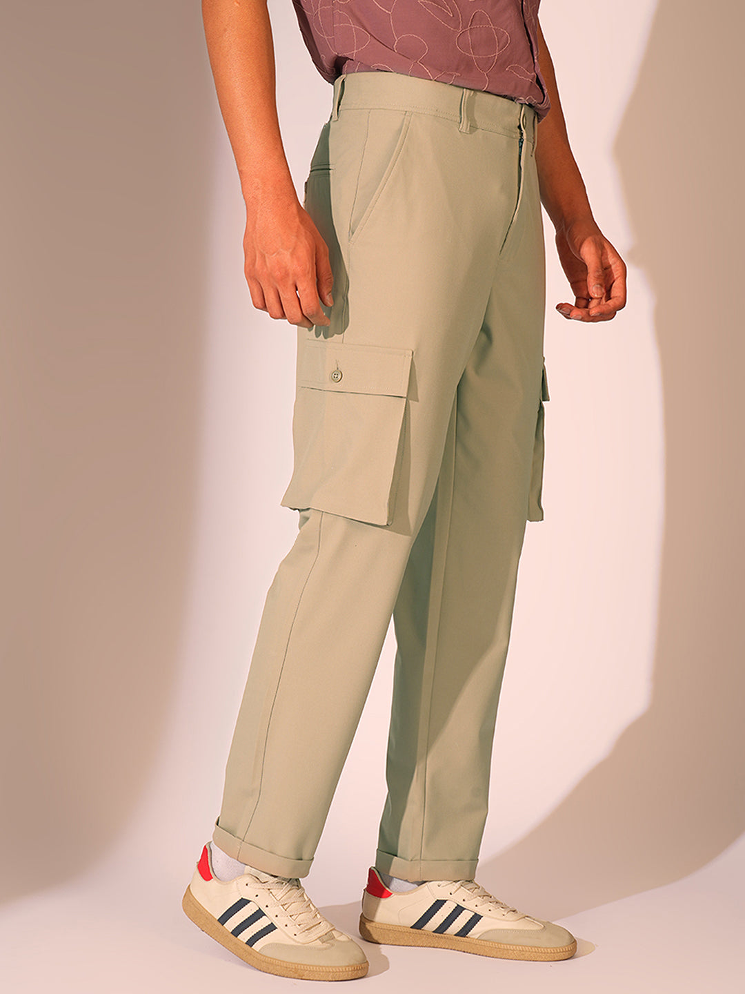 Beige Mid Rise Cargo Pants