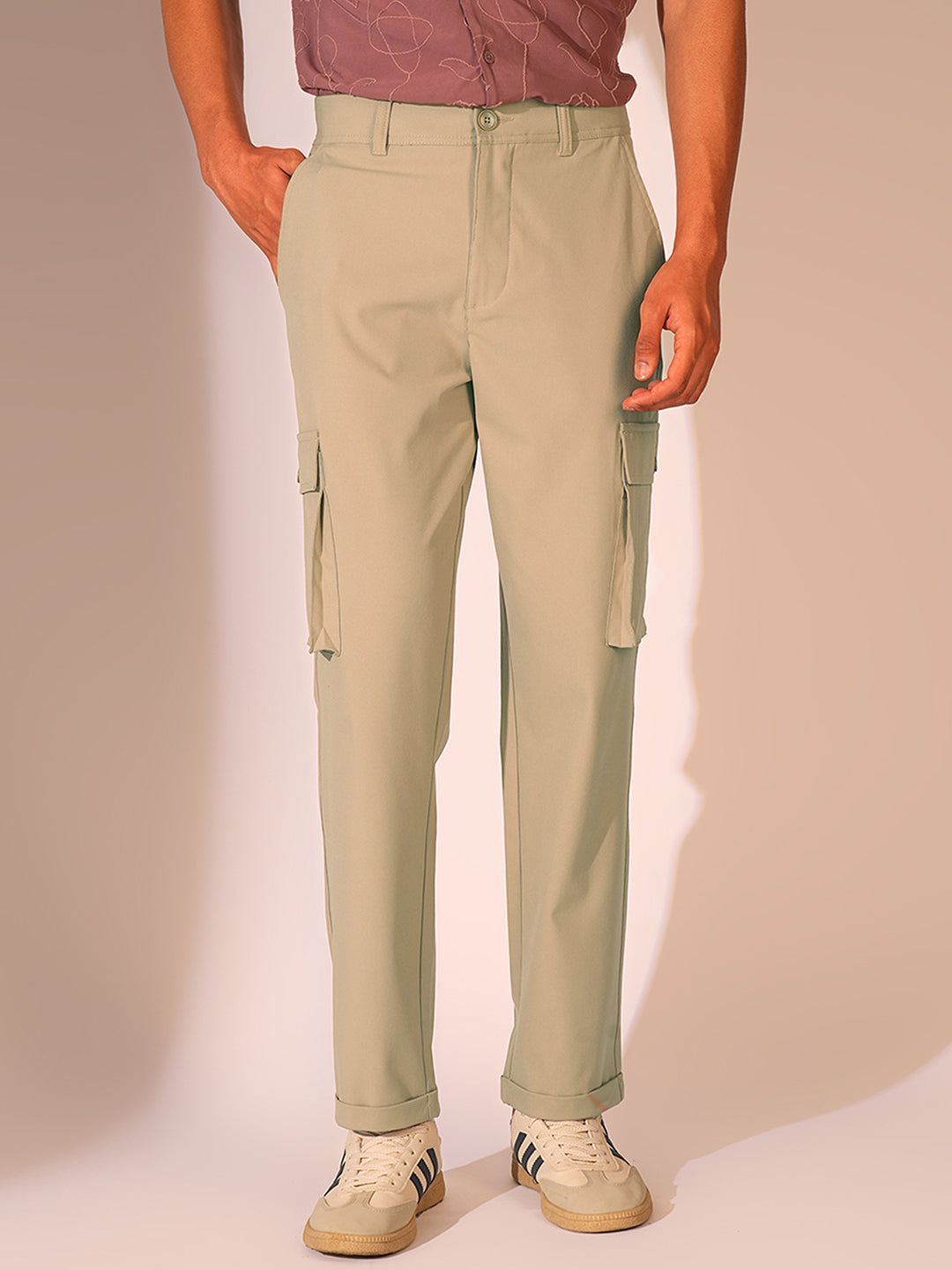 Beige Mid Rise Cargo Pants