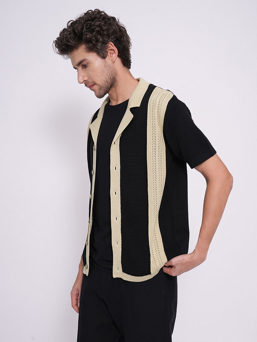 Black Colourblocked Cotton Knitted Polo