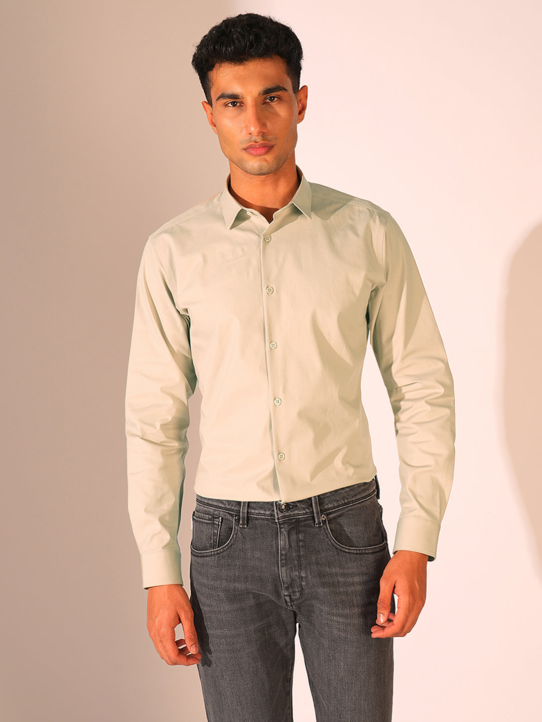 Beige Stretch Slim Fit Shirt